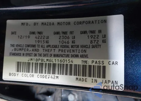 2020 Mazda Mazda3 Hatchback z USA, uszkodzony, nr VIN JM1BPBLM6L1160154